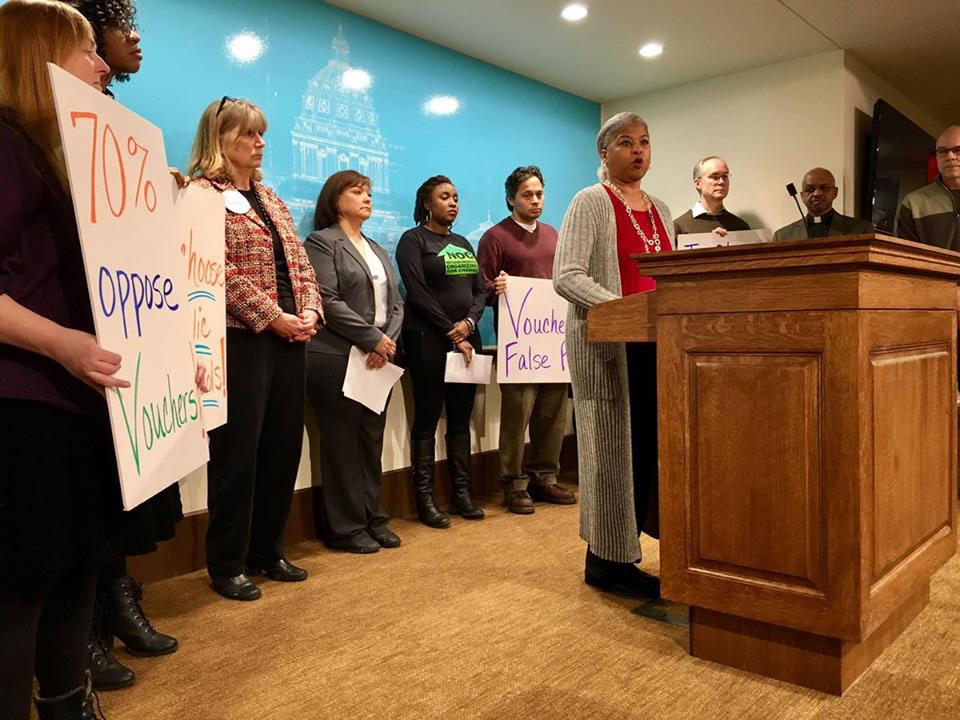 Seventh grade history teacher Delene Sanders told a state Capitol news conference, “My students need teachers who look like them. Not false promises like vouchers that create inequity by draining funding from public education.” Photo courtesy of Education Minnesota
