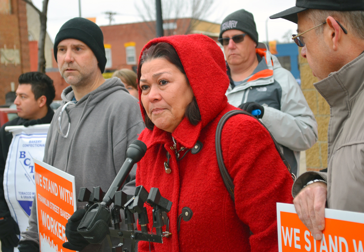 Rosa Baires, pictured at a rally outside FSB in December, used to work at the bakery, but after taking time off to be with her dying ex-husband, the company told her she no longer had a job – an example, she said, of why workers there need a union.