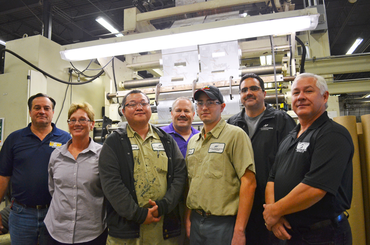 Pictured on the Hood Packaging shop floor in Arden Hills: (L to R) USW’s Gerry Parzino, Beth diGrazia, USW member and apprentice Larteng Kong, apprentice Dave Frisk, USW member and apprentice Andy Ramirez, Mike Ramirez and Local 264 President John O’Neil.