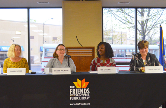 Workday Minnesota Editor Barb Kucera (L) moderated a discussion with public-sector union leaders (L to R) Debbie Prokopf of MAPE, Tee McClenty of MSEA and Denise Specht of Education MN.